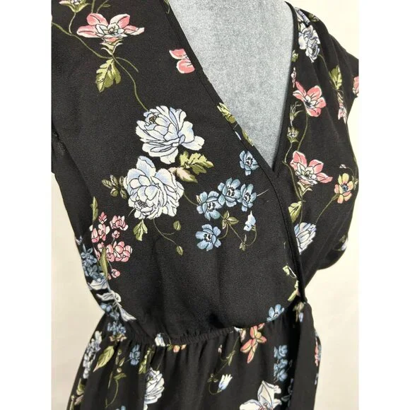 BO.G Collective Floral Wrap Maxi Dress Black/Blue Small With Flutter Sleeves NWT - Picture 11 of 16